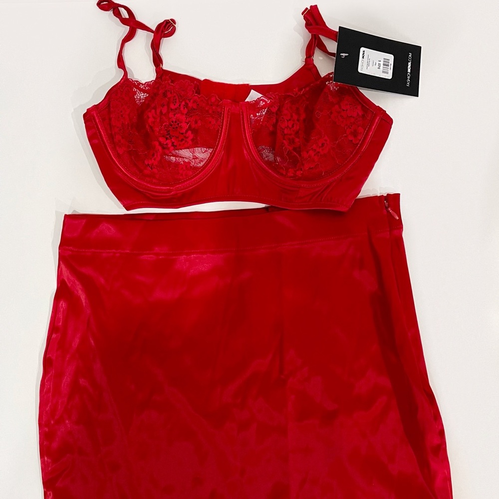Red satin skirt set